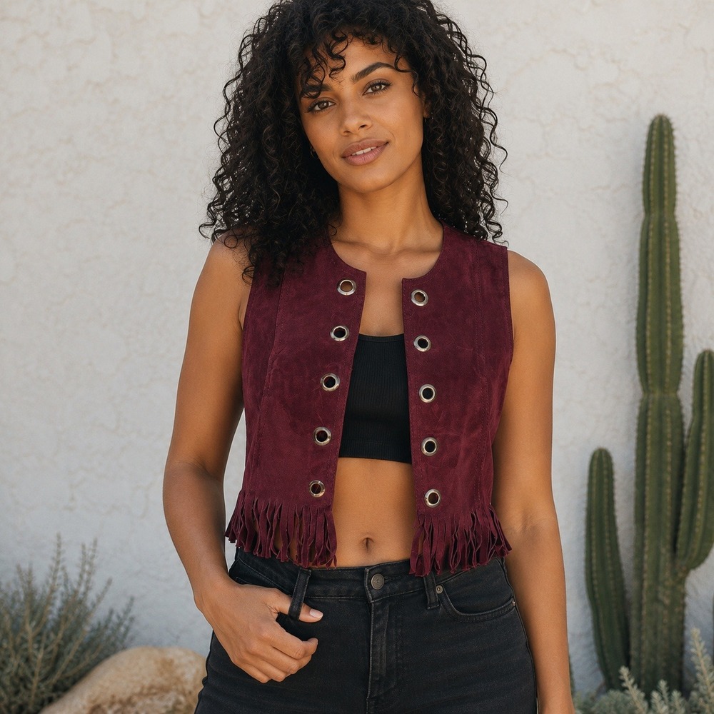 Jeffrey Campbell Rosebowl Women's S Burgundy Cow Suede Fringe Vest Sample